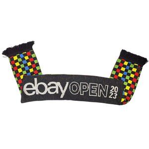 eBay Open 2023 Neck Scarf Reversible Checkered Striped Black Multicolor Fringe
